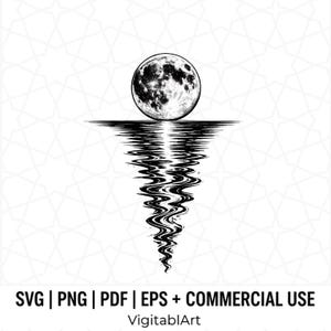 May include: A black and white digital illustration of a full moon with a detailed cratered surface, positioned above a long, tapering reflection of the moon on a water surface. The text below reads SVG | PNG | PDF | EPS + COMMERCIAL USE VigitablArt.