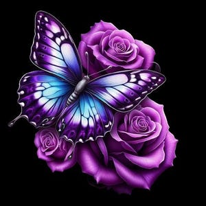 Puede incluir: Ilustración detallada de una mariposa y rosas. La mariposa presenta patrones morados, azules y blancos. Las rosas son de un color púrpura intenso, sobre un fondo negro. La imagen muestra un tema floral e insecto, con énfasis en el color y los detalles.