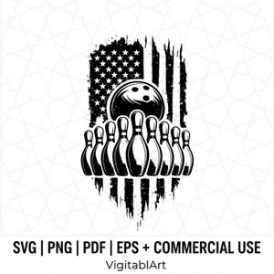 May include: A black and white graphic illustration featuring a bowling ball positioned above a set of ten bowling pins. The entire arrangement is layered over a distressed, vertical American flag design with stars and stripes.