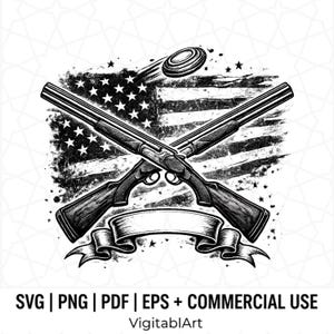 Puede incluir: Ilustración en blanco y negro con dos escopetas cruzadas frente a una bandera estadounidense desgastada. Un plato de arcilla está en vuelo sobre las armas, con una pancarta debajo. Incluye el texto "SVG | PNG | PDF | EPS + COMMERCIAL USE".