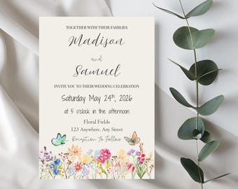 Floral Wedding Invitation Template, Spring Wildflowers (Printable)