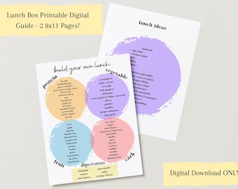 May include: A digital lunch box guide with two 8x11 inch pages. One page lists lunch ideas, and the other, "build your own lunch" with categories for protein, fruit, vegetables, carbs, and dips/extras. The guide is a digital download.