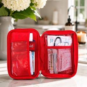 May include: A bright red, open first aid kit organizer featuring multiple interior compartments. The left side has a clear plastic pocket containing medical supplies, while the right side includes a mesh pocket holding various small health items.