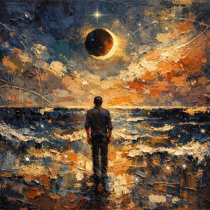 Puede incluir: Pintura al óleo que representa a una persona en una playa, frente al océano bajo un cielo estrellado. La obra presenta un eclipse oscuro, estrellas y una paleta de azules, naranjas y amarillos, creando una escena dramática y contemplativa.