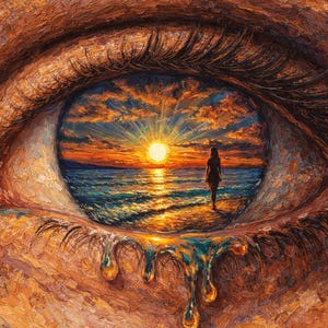 May include: An oil painting of an eye, with a sunset scene reflected in the iris. A woman walks on a beach towards the setting sun. Tears stream down the eye, adding to the emotional depth of the artwork.