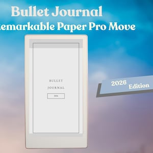 May include: A digital tablet with the words "Bullet Journal" and "2026 Edition" on the screen and a light blue banner. The tablet is white with a black border and a white background. The background is a gradient of blue and purple.