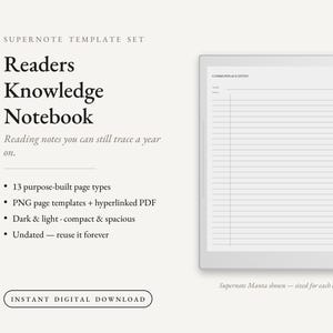 Op de afbeelding: Een Supernote-sjabloonset genaamd Readers Knowledge Notebook met 13 paginatypes, PNG-sjablonen en een hyperlinked PDF. Het digitale scherm toont een gelinieerde Commonplace Entry-pagina met een datumveld en een stylus aan de zijkant.
