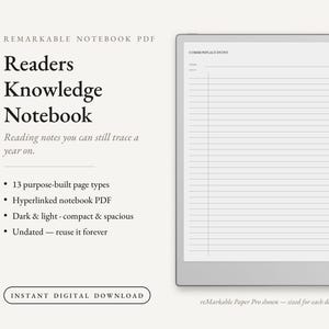 May include: A digital notebook PDF titled Readers Knowledge Notebook with a Commonplace Entry page template displayed on a tablet screen. The interface includes a vertical left margin and horizontal lines. A black stylus is attached to the side.