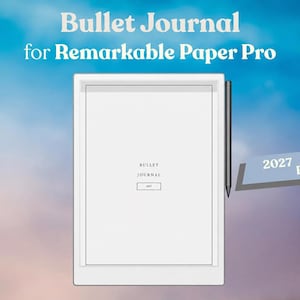 May include: A white digital tablet displaying a Bullet Journal for Remarkable Paper Pro with a stylus attached to the side. The screen shows the text Bullet Journal 2027. A blue banner on the right side displays the text 2027 Edition in white font.