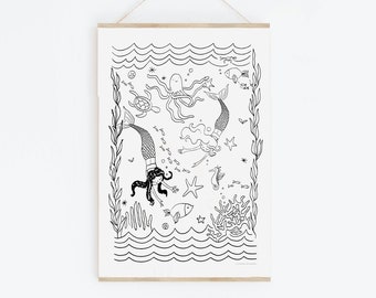 Mermaid and Friends Coloring Page, Ocean Sea Life, Water Lover Printable Instant Download by Little Miss Missy