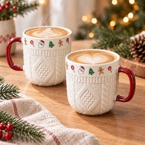 Könnte beinhalten: Zwei weiße Keramiktassen mit einem strukturierten Zopfstrickmuster auf der unteren Hälfte und einem glatten oberen Rand, der mit kleinen bunten Symbolen von Weihnachtsmännern, Lebkuchenmännchen, Tannenbäumen und roten Lollis verziert ist.