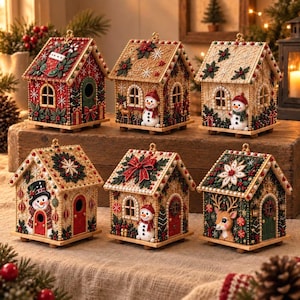 Può includere: Un set di sei decorazioni natalizie a forma di casa con texture complesse, colori festivi e motivi natalizi tra cui pupazzi di neve, renne, stelle di Natale e fiocchi. Ogni casa ha un piccolo occhiello sulla parte superiore per appenderla.