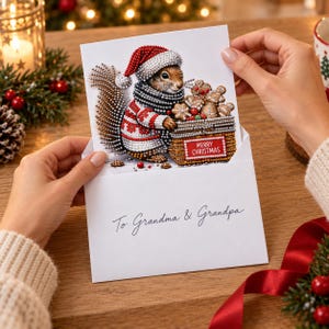Può includere: Un biglietto d'auguri bianco con uno scoiattolo in diamond painting che indossa un cappello da Babbo Natale rosso e bianco e una sciarpa grigia, che tiene un cesto di biscotti di pan di zenzero con un cartello rosso Merry Christmas. Busta con scritto To Grandma & Grandpa.