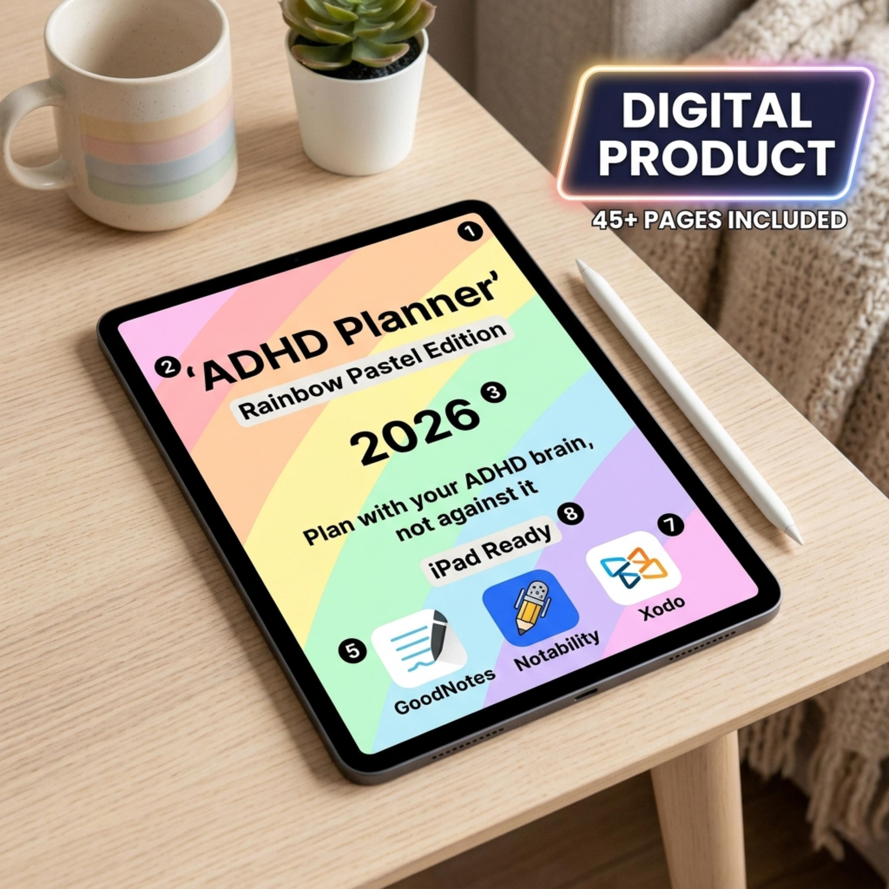 2026 ADHD Digital Planner Rainbow Pastel | Hyperlinked Goodnotes ...