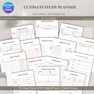 Könnte beinhalten: Eine Sammlung druckbarer Studienplaner-Seiten mit rosa Akzenten. Die Seiten enthalten Abschnitte für Klassenübersicht, Projektzeitplan und Zielsetzung. Der Text auf den Seiten lautet "Ultimate Study Planner" und "Editable Workbook".
