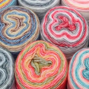 May include: Close-up of colourful yarn balls in various shades of blue, red, green, and yellow. The yarn is wound into balls and arranged in a circular pattern.