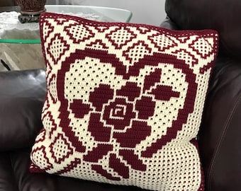 Mosaic Crochet Pattern PILLOW ROSE in HEART. Written Instructions and Grid Chart. Pdf Digital File