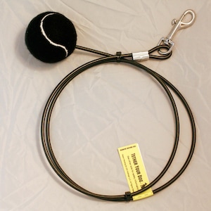 May include: A black dog tether toy with a tennis ball design. The toy features a black ball with a white stripe, a black cable, and a silver metal clip. A yellow tag is attached to the cable.