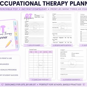 Puede incluir: Planificador de terapia ocupacional con encuadernación en espiral, con 5 páginas. El planificador incluye secciones para la planificación diaria, notas de sesión, listas de tareas, seguimiento de la carga de trabajo y instantáneas de estudiantes.
