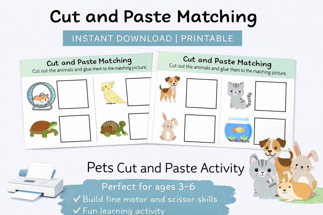 Pets Cut and Paste Matching Activity | Preschool Fine Motor Worksheets ...