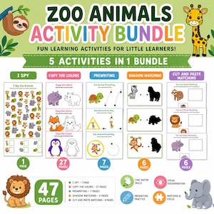 May include: A colorful educational activity bundle for little learners. The bundle includes I Spy, Copy the Colors, Prewriting, Shadow Matching, and Cut and Paste Matching activities. The bundle has 47 pages and features zoo animals.