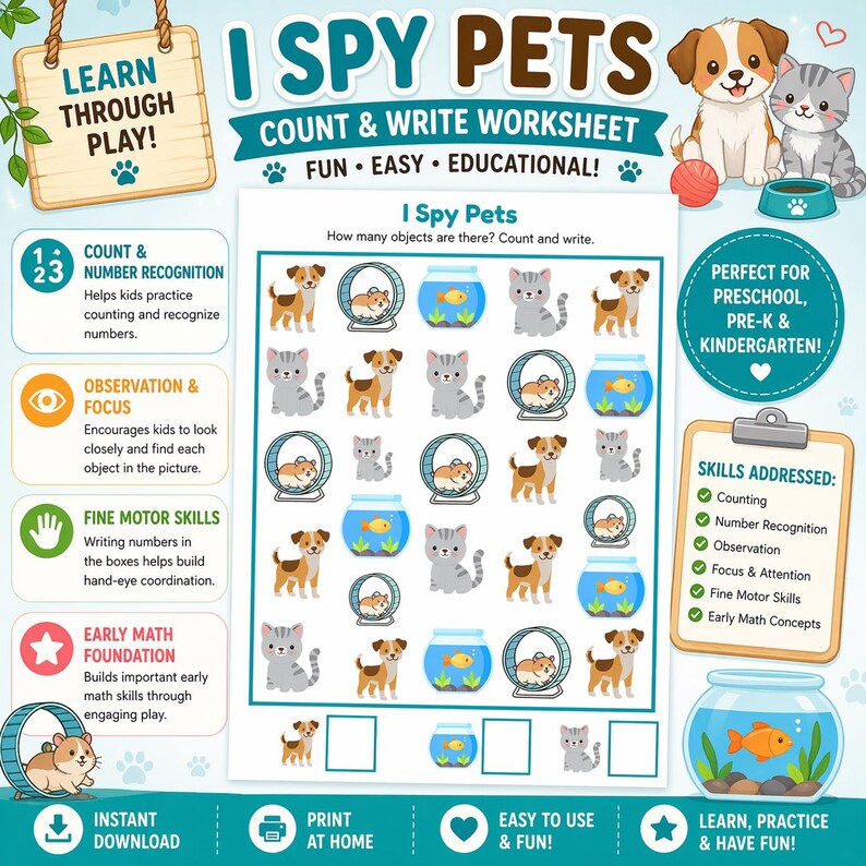 Pets I Spy Printable | Counting Worksheet | Preschool Math Activity ...