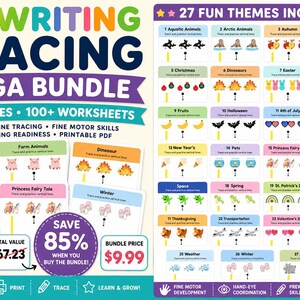 May include: A colorful educational bundle with the text "PREWRITING TRACING MEGA BUNDLE" featuring 27 themes and 100+ worksheets. Includes vertical line tracing, fine motor skills, and handwriting readiness. The bundle is designed for preschool, home school, OT therapy, and classrooms.