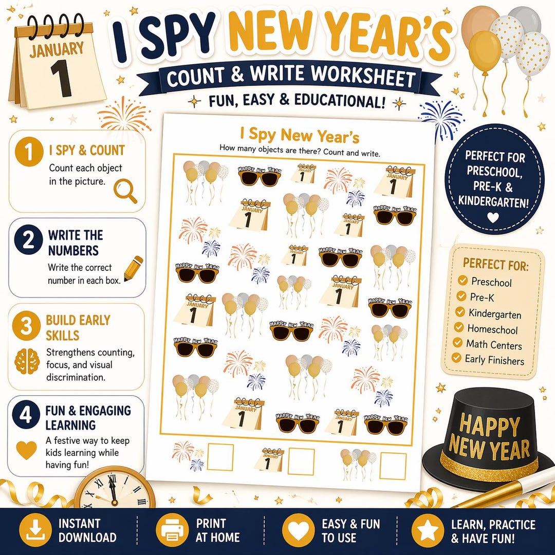 New Year's I Spy Printable | Counting Worksheet | Preschool Math ...