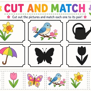 Może przedstawiać: Kolorowy arkusz edukacyjny z napisem "CUT AND MATCH". Zawiera ilustracje żonkila, ptaka, konewki, parasola, motyla i tulipana. Dolny rząd przedstawia pasujące obrazy do dopasowania.