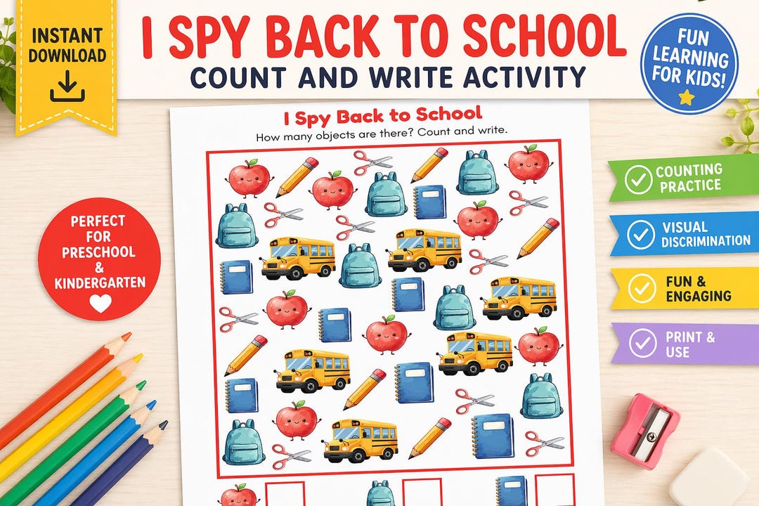 Back to School I Spy Printable | Counting Worksheet | Preschool Math ...