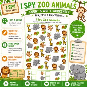 May include: A colorful "I Spy Zoo Animals" worksheet with various cartoon animals like giraffes, elephants, and lions. The worksheet includes instructions to count and write the number of each animal. It is designed for preschool, pre-K, and kindergarten children.