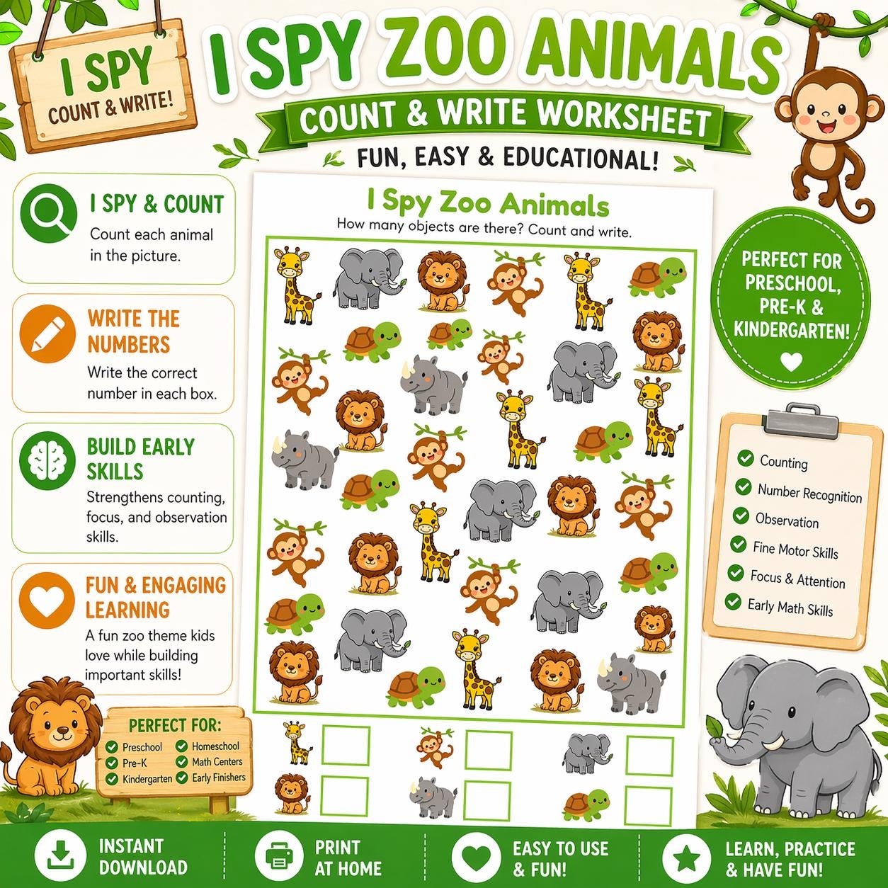 Zoo Animal I Spy Printable | Counting Worksheet | Preschool Math ...