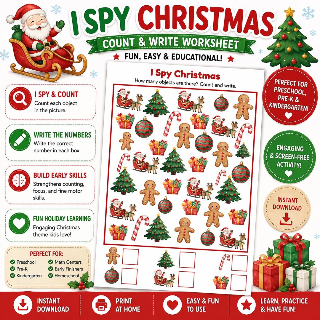 Christmas I Spy Printable | Counting Worksheet | Preschool Math ...