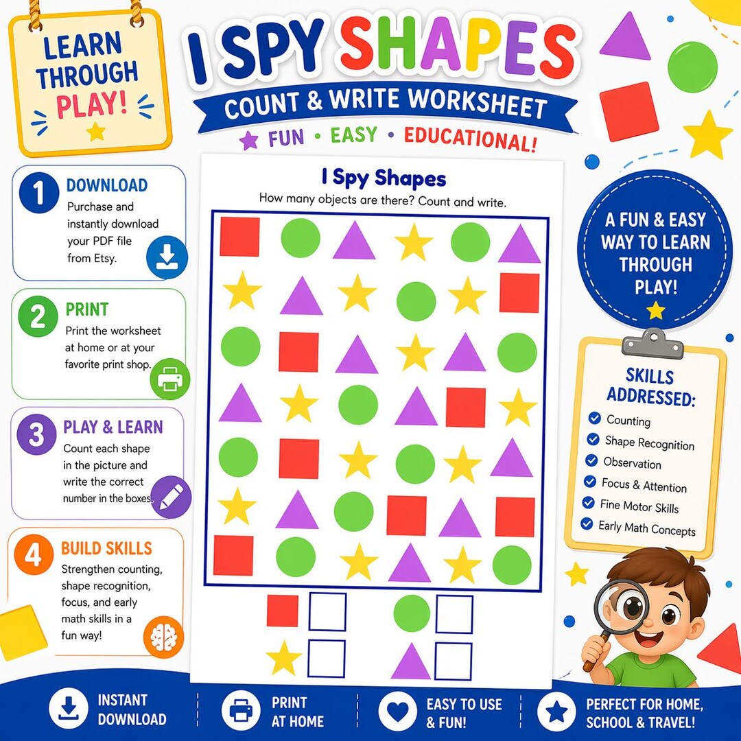 Shapes I Spy Printable | Counting Worksheet | Preschool Math Activity ...