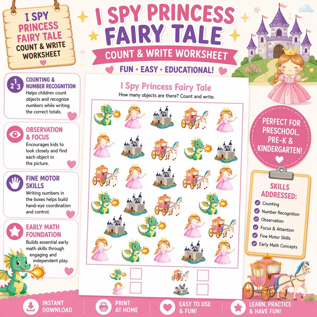 Princess Pattern Counting Princess Fairy Tale I Spy Printable | Counting Worksheet | Preschool ...