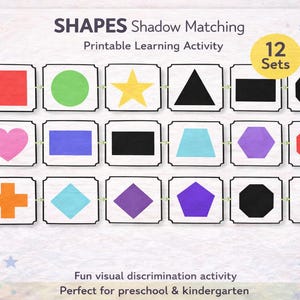 Puede incluir: Actividad de aprendizaje imprimible "SHAPES Shadow Matching" con 12 conjuntos de formas y sombras. Las formas son de varios colores, incluyendo rojo, verde y azul. El texto dice "Fun visual discrimination activity".