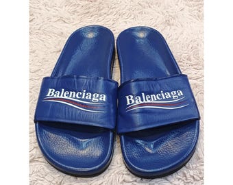 Balenciaga Royal Blue Leather Logo Slide Sandals Balenciaga - Printed Leather Slides - Men - Blue Balenciaga main image 4