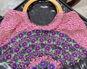 Pink Lace Floral Embroidered Hobo Bag with Wooden Ring Handles Purple Flowers