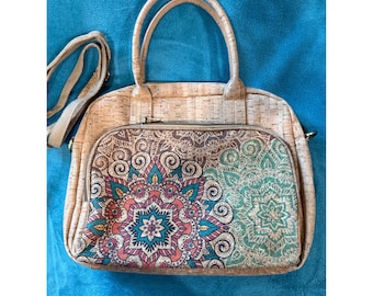 Bolso de mano grande ecológico con estampado de mandala y estampado de corcho para portátil.