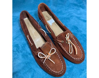 Mocasines de cuña de gamuza color óxido vintage, hechos en EE. UU., con lazo de cuero, talla 6.5 M, 3106