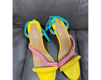 Christian Louboutin Madmonica Spiked Colorblock Patent Sandals Yellow Pink 42