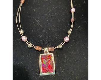 Native American Red Opal Navajo Pendant Double Strand Wire Iridescent 18"