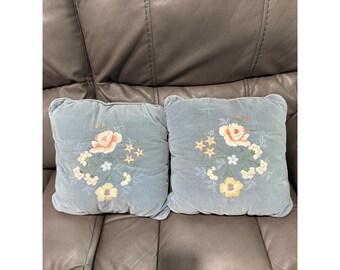 Set of 2 Embroidered Floral Throw Pillows Light Blue Velvet Cottagecore Accent