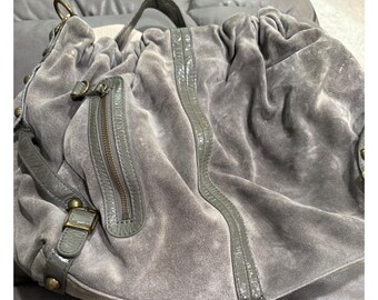 Bica Cheia Grey Suede Boho Hobo Bag Embroidered Guitar Strap Patent Trim Brass
