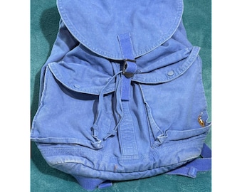 Mochila Polo Ralph Lauren de lona azul con logo de pony, estilo vintage.