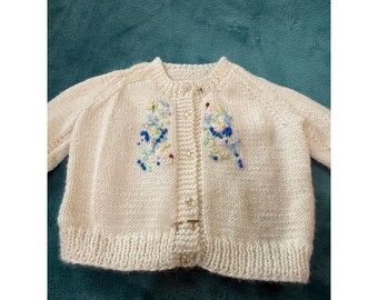 Handmade Vintage Baby Cardigan White Floral Embroidered Knit Sweater 12 Month