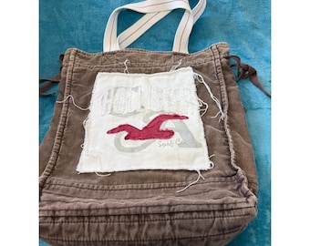 Bolso tote de pana marrón Hollister con parche de logo desgastado Surf Co Y2K Vintage