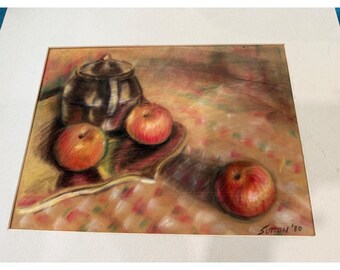 Vintage Sutton 1980 Original Still Life Pastel Drawing Teapot Apples Signed Art