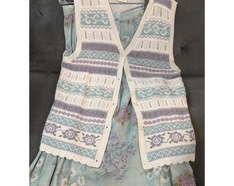 Conjunto de chaleco de punto floral vintage y falda plisada de Cape Cod Sportswear, color azul, talla XL.