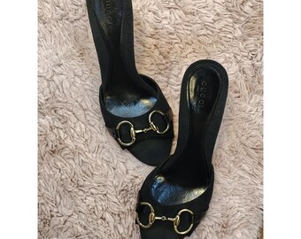 Gucci Horsebit GG Monogram Canvas Mules Black Stiletto Sandals 138703 Size 38.5